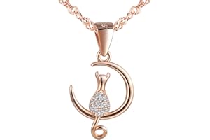 Yumilok Różowe złoto, srebro wysokiej próby 925, cyrkonia, łańcuszek na szyję z wisiorkiem w kształcie kota na księżycu, dla kobiet i dziewcząt