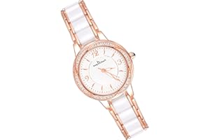 MicLee Montres Bracelet Femme Montres Quartz à Cadran Rond avec Strass Luxe Montre Or Rose pour Dame Fille Cadran à Chiffres Arabes en Céramique Montre Elegante avec Bande en Acier Inoxydable