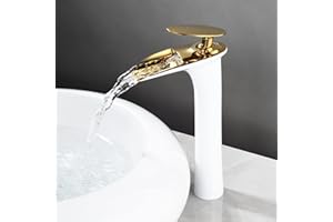 YAGJIA Waschtischarmatur Hoch Wasserfall, Wasserhahn Bad Weiss & Gold, Armatur Waschbecken Badezimmer, Einhebel Mischbatterie Badarmatur aus Messing für Aufsatzwaschbecken