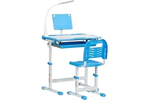 HOMCOM Kids Desk and Chair Set, Height Adjustable Study Desk with USB Lamp, Storage Drawer for Study, Blue and White