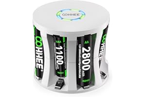 OOHHEE Ładowarka do akumulatorów z 4 bateriami AA i 4 bateriami AAA, do Mignon AA i Micro AAA, do akumulatorów Ni-MH/NI-CD wielokrotnego ładowania AA/AAA, 8 miejsc ładowania ze światłem LED