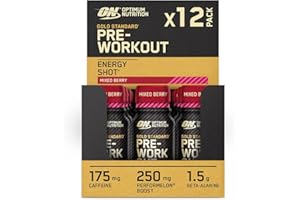 ‎OPTIMUM NUTRITION Optimum Nutrition Gold Standard Pre-Workout Energy Shot, trinkfertig mit Beta Alanin, Koffein, PerforMelon Boost und Vitamin B6 und B12, Beeren-Mix-Geschmack, 12er-Pack, 12 x 60 ml