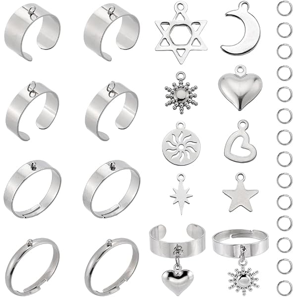 4 Bagues Ajustables Acier Inoxydable + Pendentifs Cœur, Foudre | DIY Bijou Punk, Manchette Ouverte