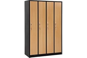 Furni24 Garderobenschrank 120x50x180 Garderobenspind Umkleidespind Spind Schrank Kleiderschrank Abschließbar schwarz/buche 4 türig 30cm Abteilbreite fertig montiert Verschiedene Ausführungen verfügbar