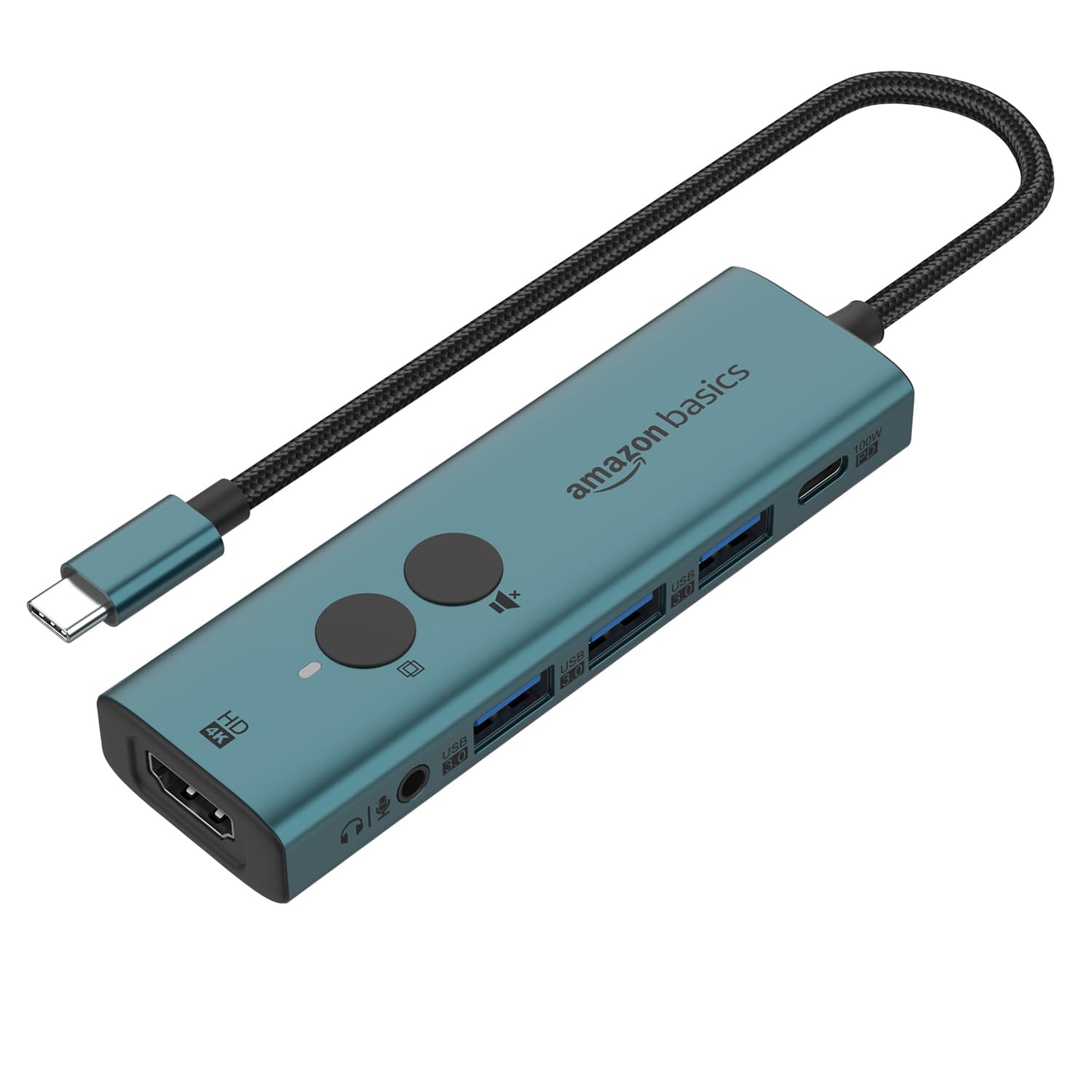 Amazon Basics Pro Series 6-in-1 USB HUB, USB-C PD 3, HDMI (4k@60Hz), USB 3.0-5 GBPS Data Transfer Speed, Aux 3.5, Docking Station with Instant Screen- On/Off and One-Click Mute Button (Turquoise)