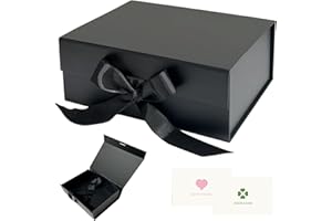 AlGuirnex Black Foldable Gift Box 22x16x8.7cm with Magnetic Lid, Premium Present Box with Ribbon & 2 Greeting Cards – Luxury Flat-Pack Packaging for Birthday, Wedding & Occasions