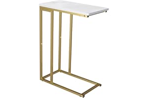 Yusong Small C Shaped End Table, Slim Narrow Couch Side Tables Slide Under Sofa Bed, Skinny Snack Tray Table for Coffee Laptop in Living Room,Easy Assembly, Gold and White Marble