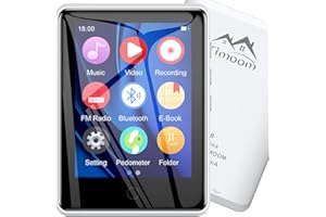 Timoom Reproductor MP3, 2.8" Pantalla táctil 5.0 Bluetooth Mp4 32GB con auriculares, Altavoz de audio de alta fidelidad Ampliable hasta 128GB Radio FM Grabaciones con podómetro inteligente,Blanco