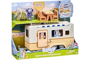 Bluey – Ensemble de Jeu Aventure Caravan de Bluey rabattable et dépliable avec cuisine et lits de camp – une figurine Jean-Luc articulée de 6.3 cm et des accessoires de feu de camps inclus.