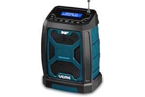 UEME Baustellenradio DAB Mit Akku Aufladbar (6000mAh), DAB+, FM Radio, Bluetooth 5.0, Dual Radiowecker, Aux, Starkem Empfang, Robustes Gehäuse, Spritzwassergeschützt, Akku- und Netzbetrieb(Blau)