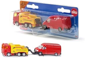 siku 1667, Abschleppwagen mit PKW, Metall/Kunststoff, Rot/Gelb, Heb- und Senkbare Abschleppvorrichtung
