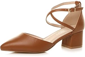 AJVANI Womens Ladies mid Block Heel Pointed Toe Cross Strap Two Part Mary Jane Court Shoes Sandals Size