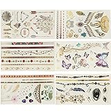 Temporäre Tattoos 12 Premium Blätter Metallic Flash – 150 + schimmern Designs in Gold, Silber, schwarz – Fake-Schmuck-Tätowierungen – Armbänder, Federn, Handgelenk und Arm, Augen, Pfau, Datura, Elefant, Schmetterling etc - 2