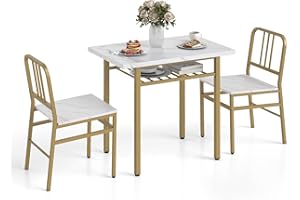 COSTWAY 3 Piece Dining Table Set, Rectangular Breakfast Kitchen Table and Chairs with Storage Rack, Metal Legs & Adjustable Foot Pads, Space Saving Counter Dining Room Set (White + Gold)