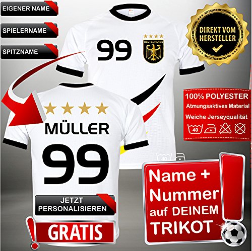 Deutschland Trikot mit GRATIS Wunschname + Nummer + Wappen Typ #D 2019 im EM / WM weiss – Geschenke für Kinder,Jungen,Baby,.. Fußball T-Shirt personalisiert als Weihnachtsgeschenk