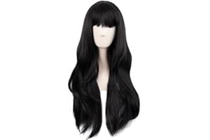 MapofBeauty 28 pulgadas/70 cm de longitud flequillo plano fibra sintética ondulada Cosplay fiestas uso diario resistente al calor peluca (negro)
