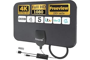 AMAZQI TV Aerial Indoor 250+ Miles Long Range, 4K Digital TV Aerial for Freeview TV,TV Antenna with Signal Booster and 5M Cable -for Local Channels