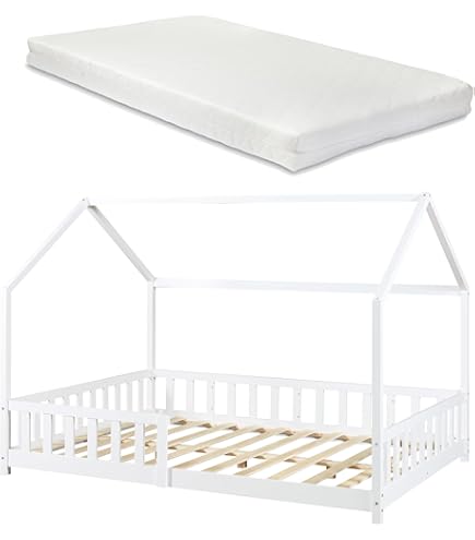 en.casa] Kinderbett Sisimiut Hausbett Montessori 120 x 200 cm mit Rausfallschutz Holzbett für Kinder Bodenbett Lattenrost Kiefernholz Weiß matt