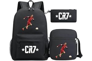 Genefy Ronaldo CR7 Lot de 3 sacs à dos d'école, sac à dos pour étudiants, sac à dos décontracté pour filles et garçons avec sac à bandoulière et trousse à crayons Noir, multicolore, taille unique