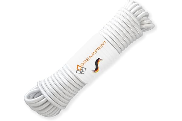 Dreamprint Corde Extensible Polyvalente 20 m Blanche - Ø 8 mm pour intérieur/extérieur - Sécurisation de la Charge, la Fixation de bâches, Le Camping et Les activités en Plein air