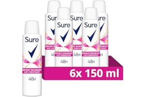 Sure Women Bright Bouquet Deodorant Body Spray Antiperspirant with a strawberry, apricot & vanilla fragrance and 48 hour sweat and odour protection 150 ml, Pack of 6