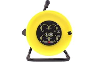 MAENGRE Four Socket Open Cable Reel Extension Lead with Winding Handle, Thermal Cut Out and Power Switch, 50 Metres High Visibility Cable, Yellow