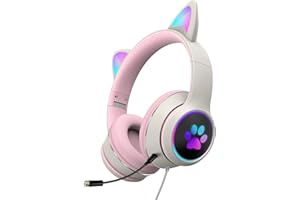 POHOVE Kopfhörer mit LED-Beleuchtung und Mikrofon, faltbar, niedliche Katzenohren, Gaming-Headset mit RGB-LED-Lichtern, USB 3,5 mm, kabelgebunden, Over-Ear-Gaming-Kopfhörer für PC, Handy