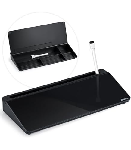 Vivo DESK-WB16B Glazen droog afwisbaar bord met opslag, desktop whiteboard organizer met verborgen compartimenten en apparaatgleuf, zwart, 40,6 x 17,8 cm