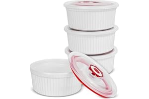 HIOPH Lot de 4 ramequins avec couvercles en céramique de 9,5 cm de diamètre intérieur pour tartes, gâteaux, confitures et soufflés, passent au micro-ondes, au four, au lave-vaisselle et à la friteuse à air