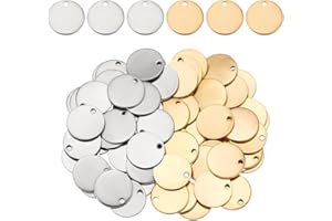 PH PandaHall 60 dijes de acero inoxidable 304 de 15 mm, redondos, planos, colgantes de etiqueta de estampación en blanco, dijes de metal chapado en iones para pulseras, aretes, collares, cadenas