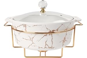 jinsongdafa Porcelain Serving French Tureen Set with Glass Lid and Rack, 1900 ML Casserole Baking Dish, Chafing Dish for Buffet, Food Preserve Tray, Catering Casserole for Party Style