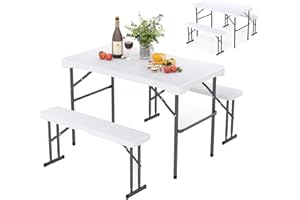 KOMFOTTEU 3-teilige Bierzeltgarnitur klein, Gartengarnitur klappbar mit 2 Bänken, Festzeltgarnitur platzsparend aus Kunststoff, Gartenmöbelset tragbar für Camping, Picknick, Weiß