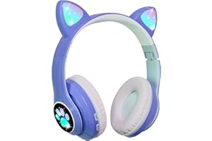 OHAANYY Bluetooth kopfhörer Kinder,Mädchen Katzenohr Kopfhörer Over-Ear mit LED-licht Faltbare Stereo Kopfhörer Bluetooth,Kabellose Kopfhörer Kinder mit Mikrofon,Micro SD/TF,für Tablet/Handy/PC (Blau)