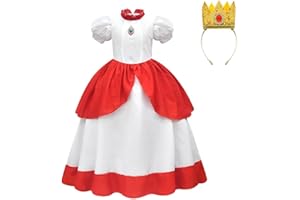 DELANHON Kids Super Bros Classic Princess Peach Costume Girls Deluxe Lace Dress Up Outfit with Crown