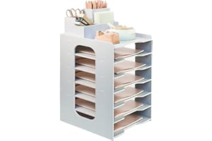 PLSOPPKG Bac à Courrier de Bureau, 7 Niveaux Organisateur de Bureau, Bereau en PVC Stocakge de Fichier A4 Documents, Bac à Courrier Blanc avec Porte-Stylo Rangement en Bois Support, Blanc Organisateur