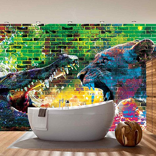 Vlies Fototapete PREMIUM PLUS Wand Foto Tapete Wand Bild Vliestapete – Steinwand Steine Graffiti Tiere Krokodil Löwe Zähne Gebiss Wasser – no. 1918, Größe: 254 x 184 cm Vlies - 7
