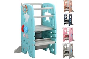 THUNDER GROUP Kids Step Stool, Adjustable Standing Platform | Learning Tower for 1+ Year Old | Toddler Learning Tower 4 Modes (Basketball, White Board, Busy Board, Rings) (Baby Blue)