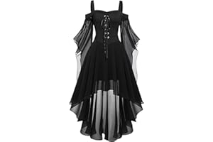 SAXREL Halloween Costumes Adult Women Cold Shoulder Strap Gothic Dress A-Line Mesh Patchwork Medieval Costume Ladies Vintage Steampunk Lace Up Renaissance Irregular Hem Chiffon Plus Size Gothic Dress