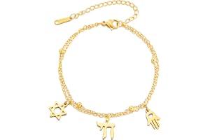 LIKGREAT Davidsstjärna och hebreisk chai armband | Med Hashem-hand hänge rostfritt stål justerbar judisk amulett armband lyck