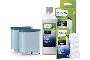 Aquafloow underhållskit för Philips kaffemaskiner, 3-i-1 med 2 st filter | 6 originala rengöringstabletter CA6704/10, 250 ml flytande avkalkningsmedel och 2 vattenfilter kompatibla med AquaClean.
