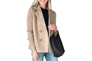 LOCKENSTAB Women's Lapel Button Knitted Patchwork Sleeve Casual Coat, Trendy Double Breasted Pea Coats With Pockets, Winter Blazer Loose Jackets Tops