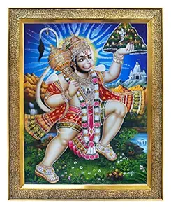 KHANNA Hanuman ji/bajrangbali ji with Dronagiri Mountain Photo Frame for Wall Hanging/Gift/Temple/puja Room/Home Decor Golden Frame with Acrylic Sheet (Glass)