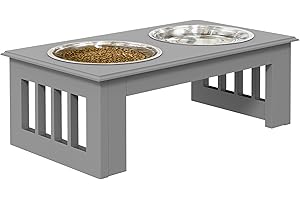 PawHut Raised Dog Bowl Feeding Bowls with Stand for Extra Small and Small Dogs Elevated Pet Bowls Water Food Feeder 44L x 24W x 15H cm - Grey