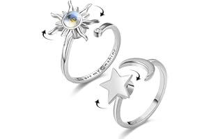 Cosysparks Bague Anti Stress Femme, 2 Pièces Avec Ouverture Réglable Ring Anti Stress Bague Argent Bague Anti-Stress Moon Star Ring Anxiety Ring, W/Gift Box