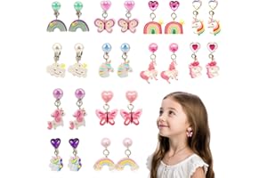 ZILZUFA 12 Paires Boucles d'oreilles Clip Fille Enfants, Licorne Mignon Arc-en-ciel Non Piercing Boucles d'oreilles Princesse Bijoux Accessoires Fête Anniversaire Cadeau