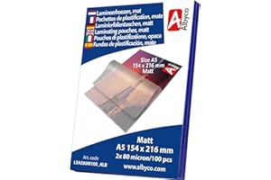 Albyco Buste per Laminazione OPACA- Foglio di Laminazione A5 (154x216 mm) – Opaca - Spessore 2x80 (160) Microns - 100 Pezzi - Foglio Plastificante - Pouches di Plastificazione - Fogli Plastificatrice