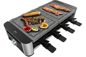 Cecotec Raclette Cheese&Grill 16000 Inox Allstone. 1400 W, 8 Persone, Piastra In Pietra Naturale Antiaderente, Superficie 40 X 22 Cm, 8 Pentole, Termostato Regolabile, Lavabile In Lavastoviglie