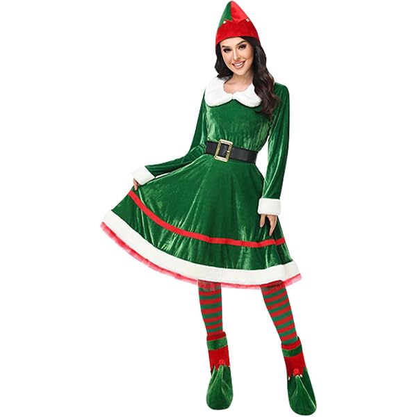 Costume D'elfe De Noël Adulte - Chapeau, Chaussures Et Chaussettes Rayées Rouges/vertes Avec Cloches, Pour Fêtes - 2