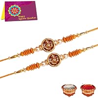 Tonkwalas Designer Multi-Color Ganesh Ji Rakhi for Brother with Roli Chawal Wishes Card (Set of 2)