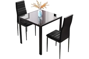 JOOLIHOME LIVING Joolihome Dining Table and Chairs Set of 2, Square Glass Coffee Table and 2 PU High Back Chairs with Metal Legs, Dining Room Furniture Set for Home, Office, Kitchen, Balcony, Garden (Black)